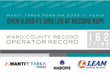 Drilling rig with banners showcasing Tarka Permian and partner logos.